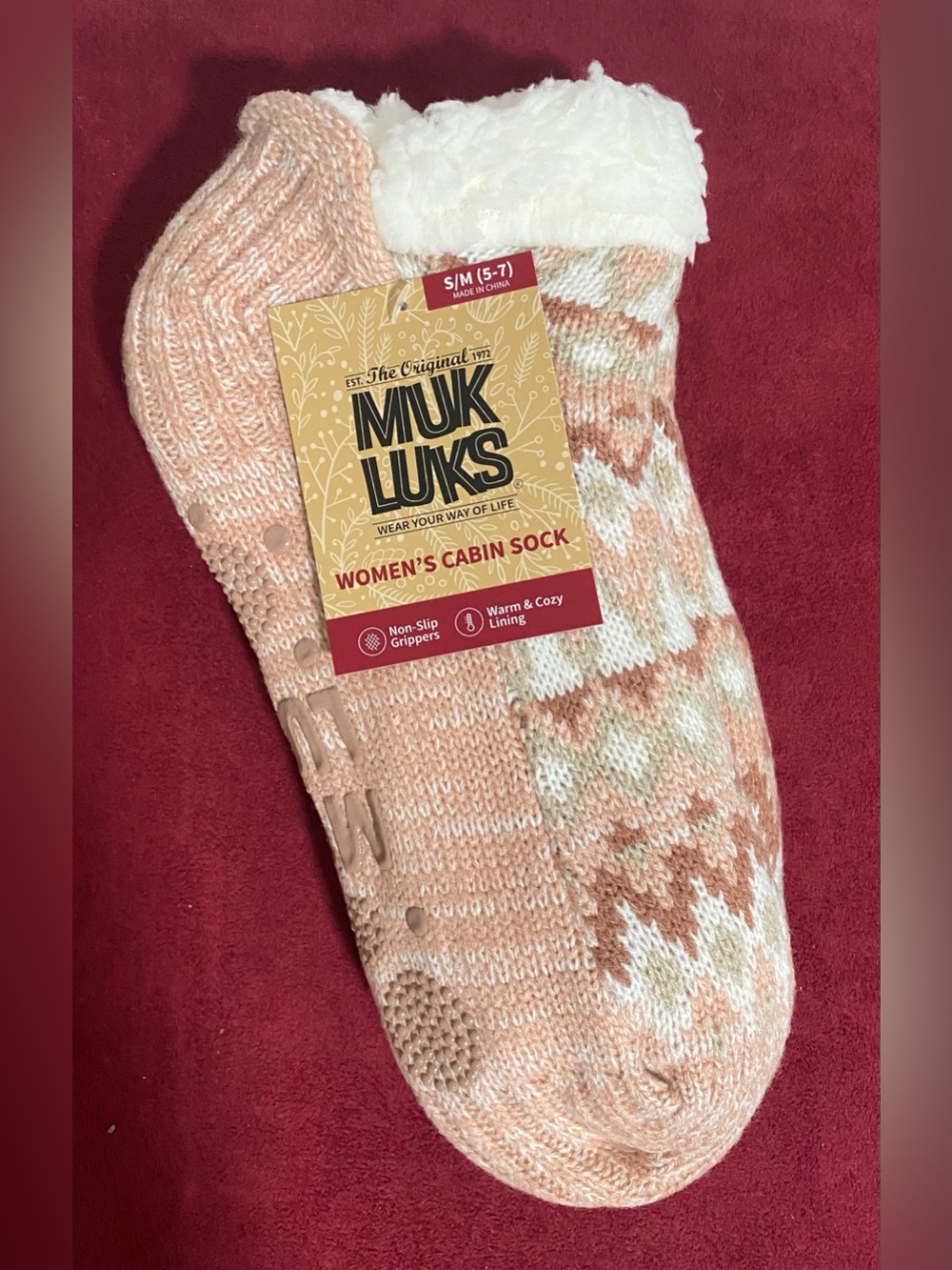 Muk Luks Womens Cozy Sherpa Lined Non-Slip Cabin Socks S/M Pink White NWT